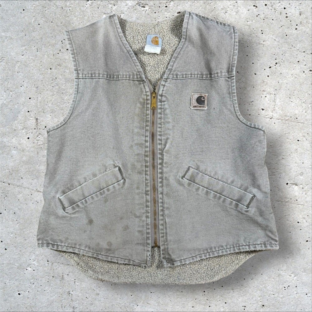 Vintage Carhartt V13 DES Sherpa Lined Canvas Vest Mens Medium Distressed Faded - Picture 1 of 10